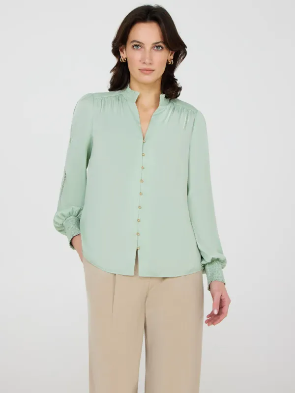 Satin Button-Front Blouse With Crochet Details sold by Suzy Shier