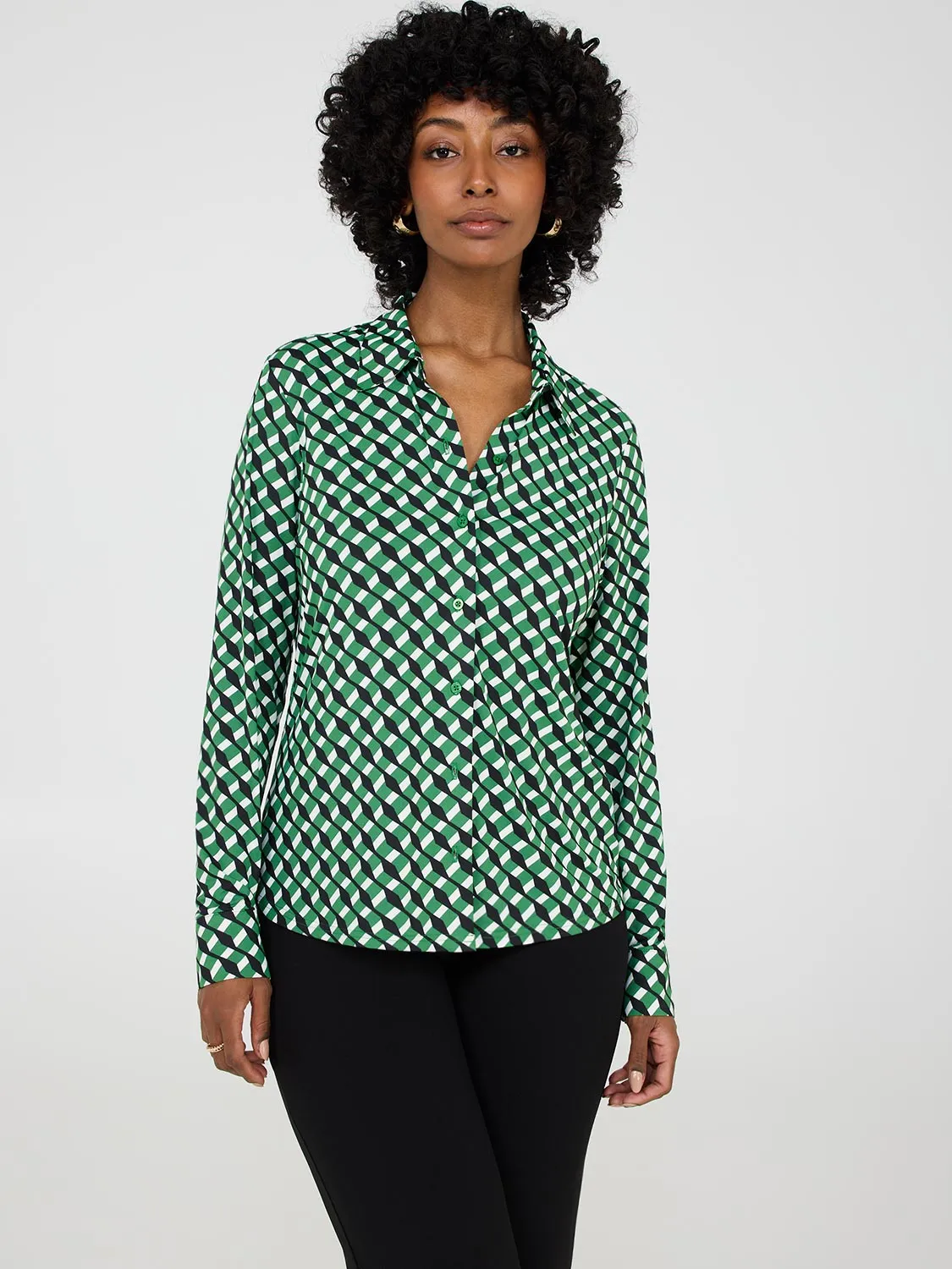 Geo Print Button-Front Classic Blouse sold by Suzy Shier