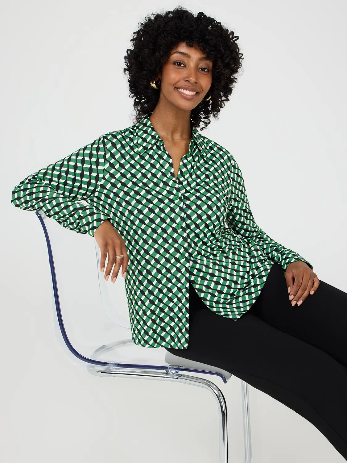 Geo Print Button-Front Classic Blouse sold by Suzy Shier product image thumbnail 3