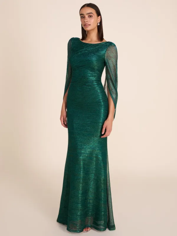 Metallic Crinkle Knit Gown With Back Cape sold by Suzy Shier
