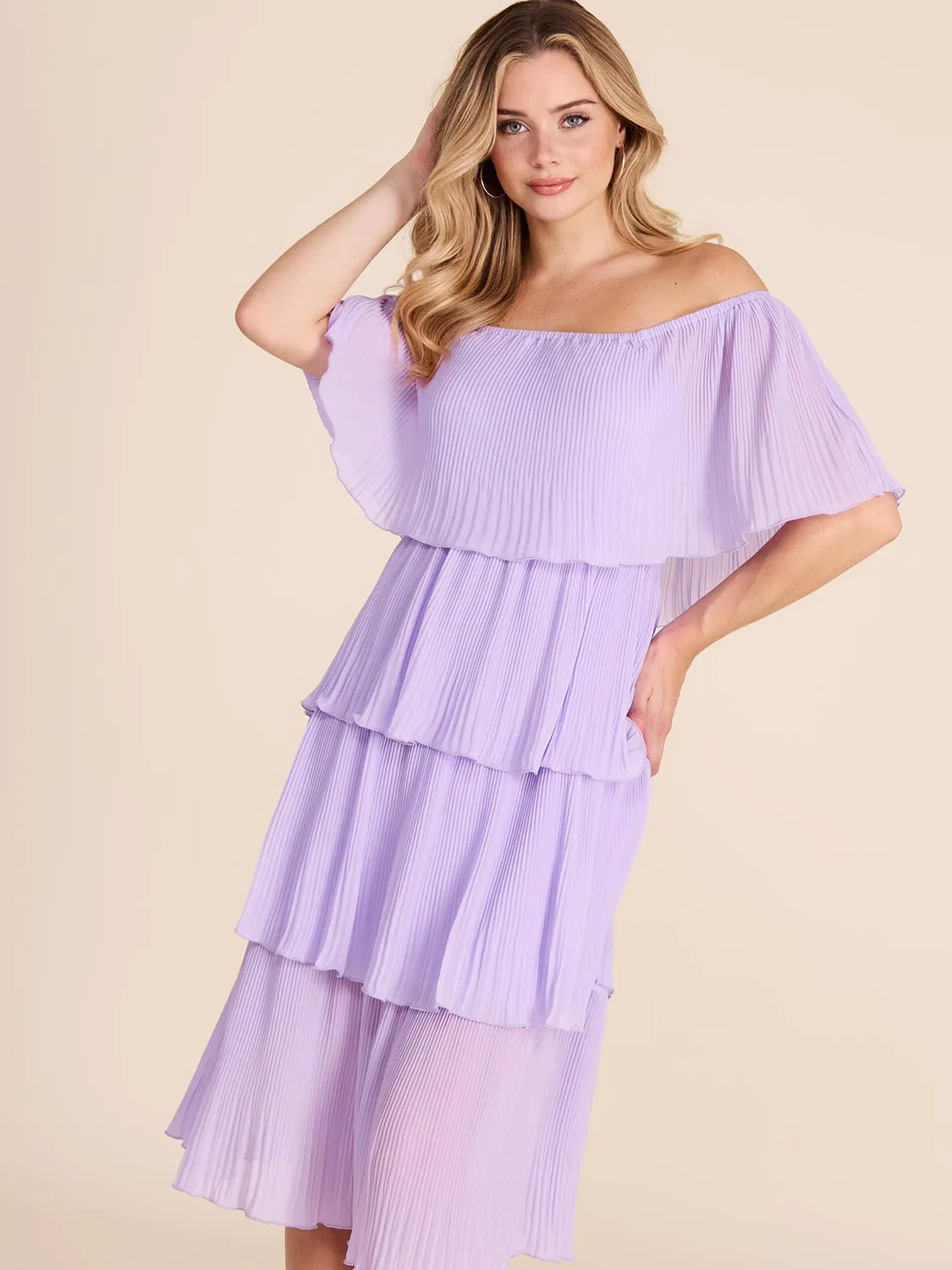 Off-The-Shoulder Tiered Pleated Dress sold by Suzy Shier product image thumbnail 3