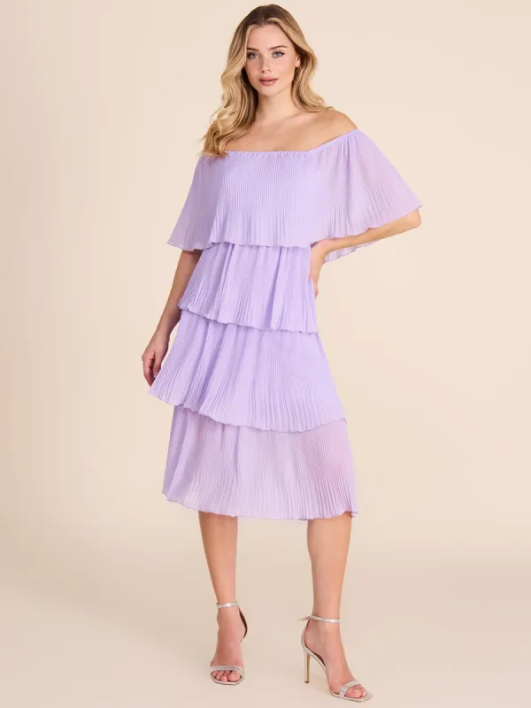 Off-The-Shoulder Tiered Pleated Dress made by Suzy Shier