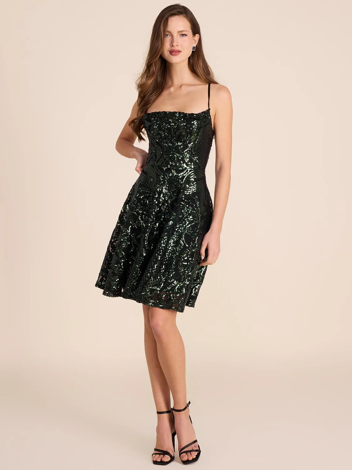 Cowl Neck Fit & Flare Sequin Dress sold by Suzy Shier