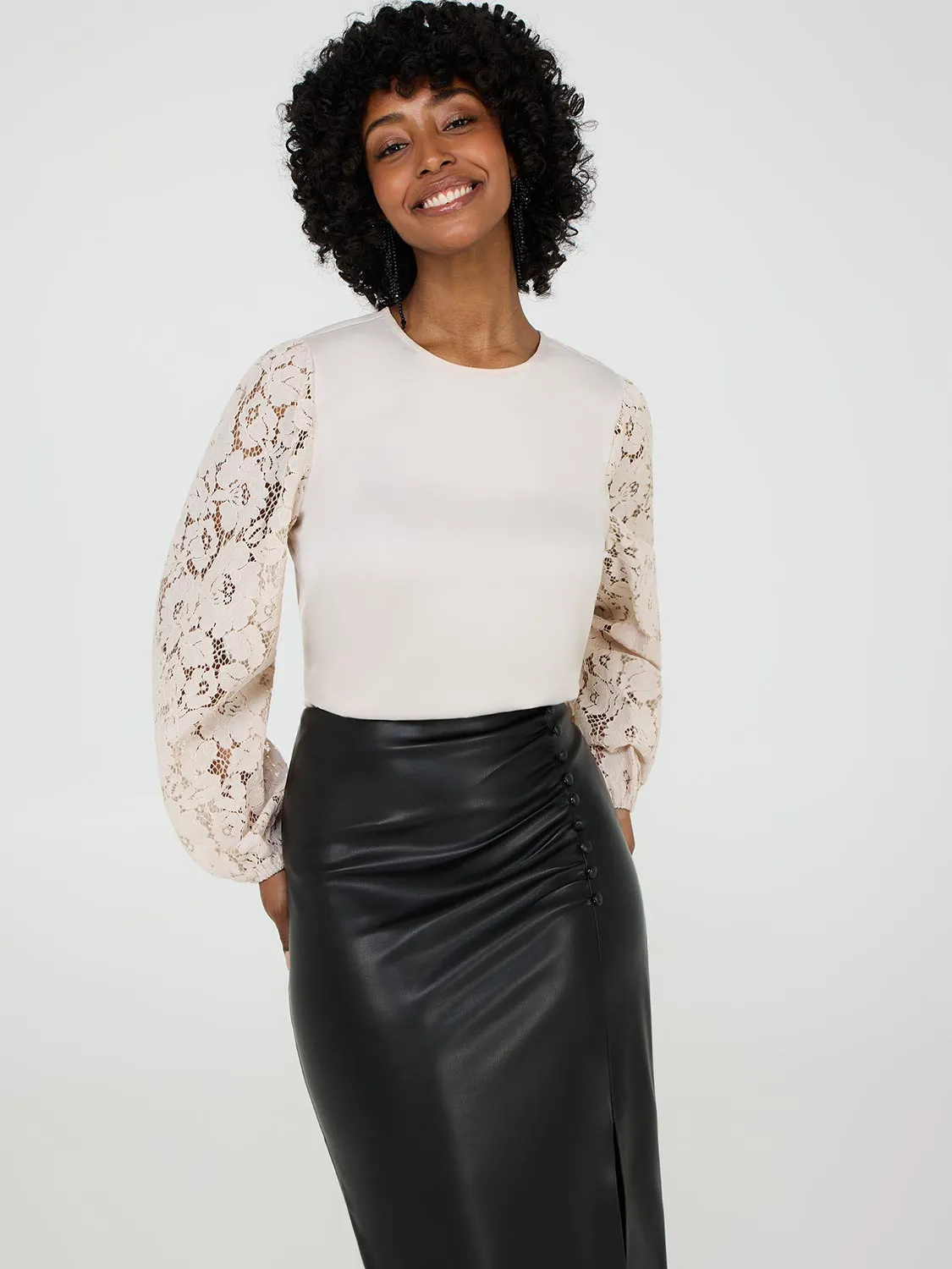 Lace Sleeve Satin Popover Blouse sold by Suzy Shier