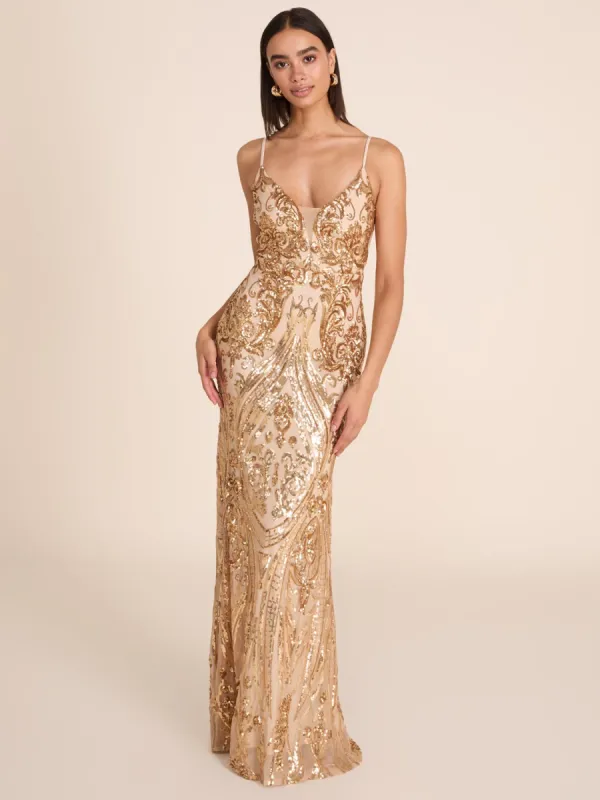 Gold Sequin Column Gown sold by Suzy Shier