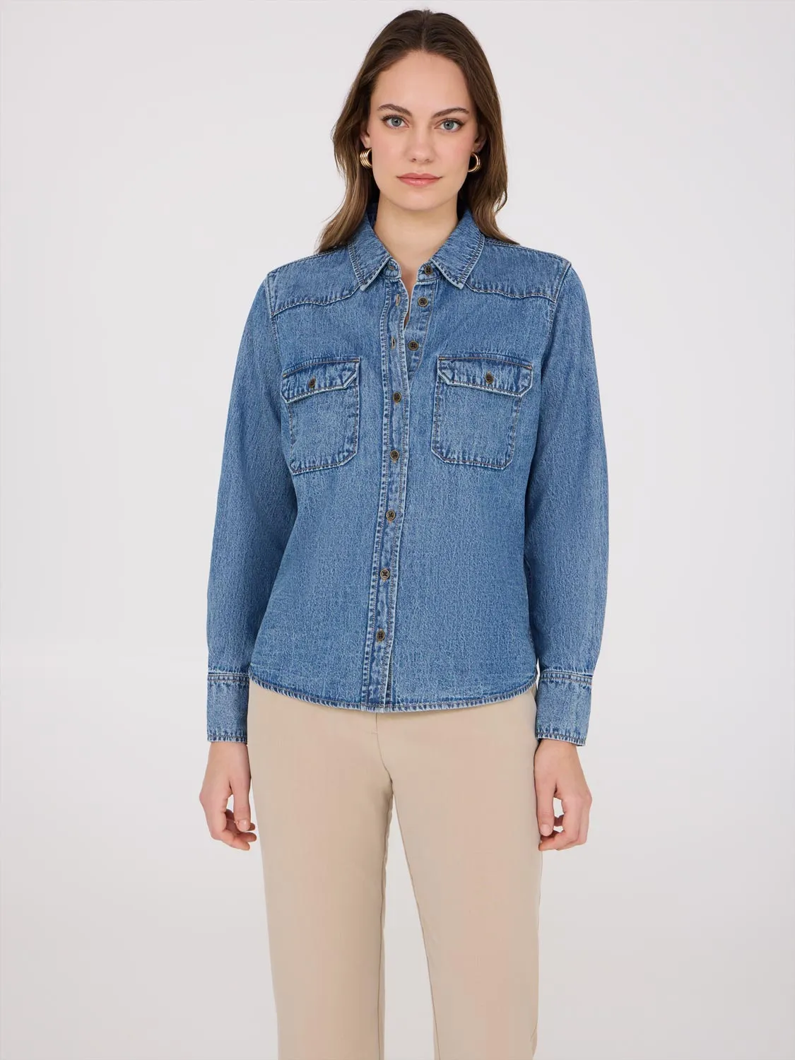Cotton Denim Button-Front Shirt sold by Suzy Shier