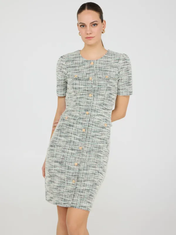 Button-Front Boucle Sheath Dress sold by Suzy Shier