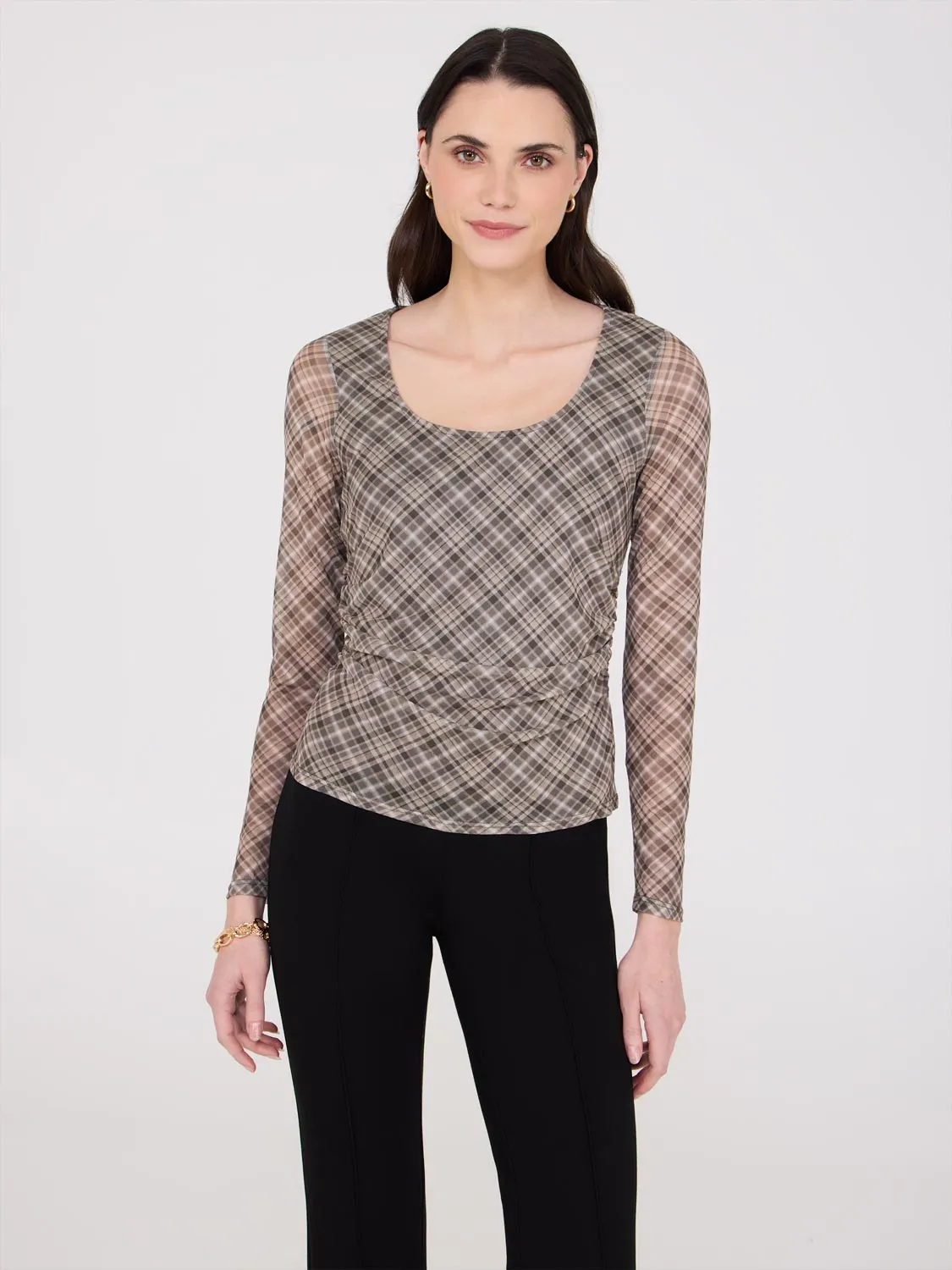 Plaid Scoop Neck Mesh Top sold by Suzy Shier