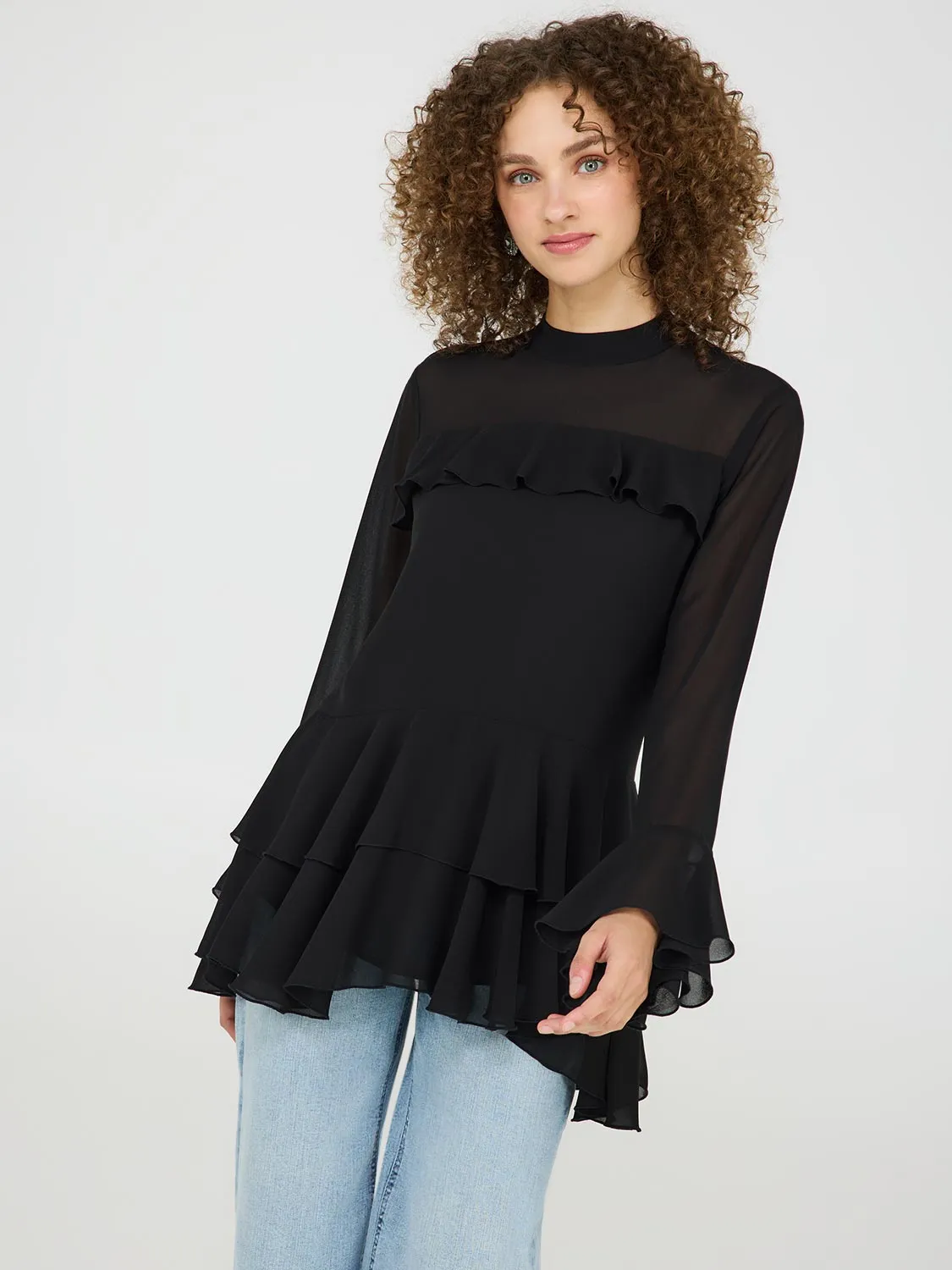 Long Sleeve Ruffle Chiffon Top sold by Suzy Shier