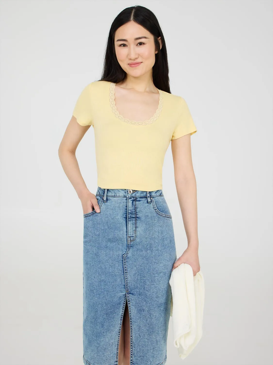 Lace Trim Scoop Neck Ribbed Top sold by Suzy Shier