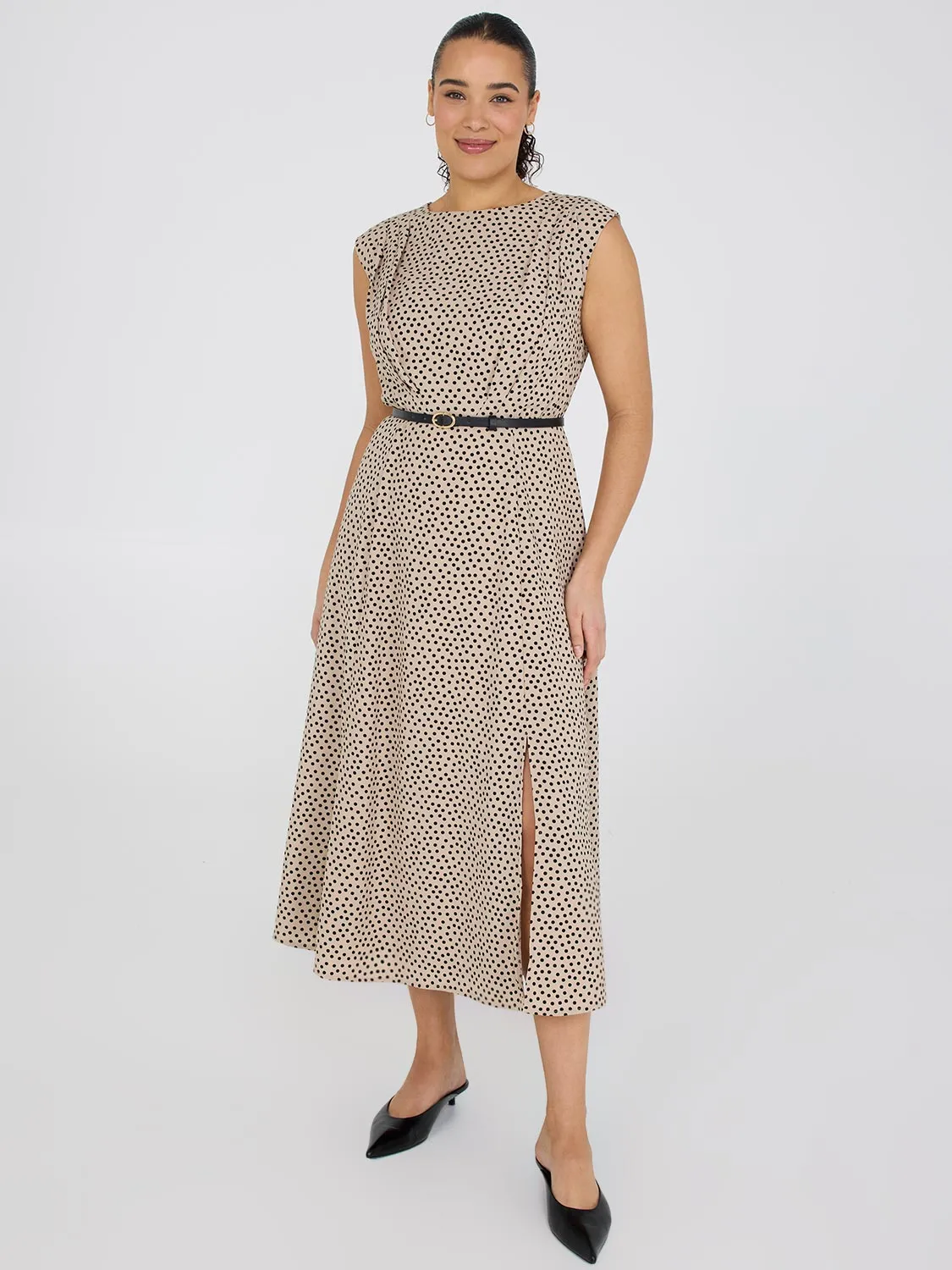 Dot Print A-Line Belted Dress sold by Suzy Shier
