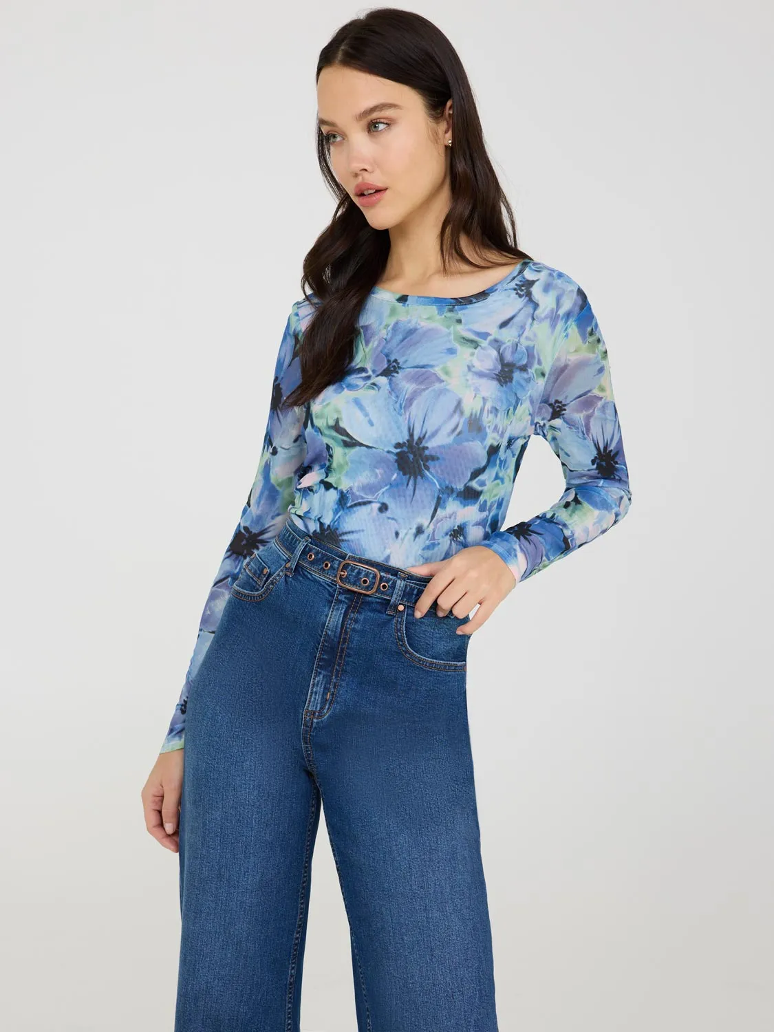 Floral Print Crew Neck Mesh Top sold by Suzy Shier