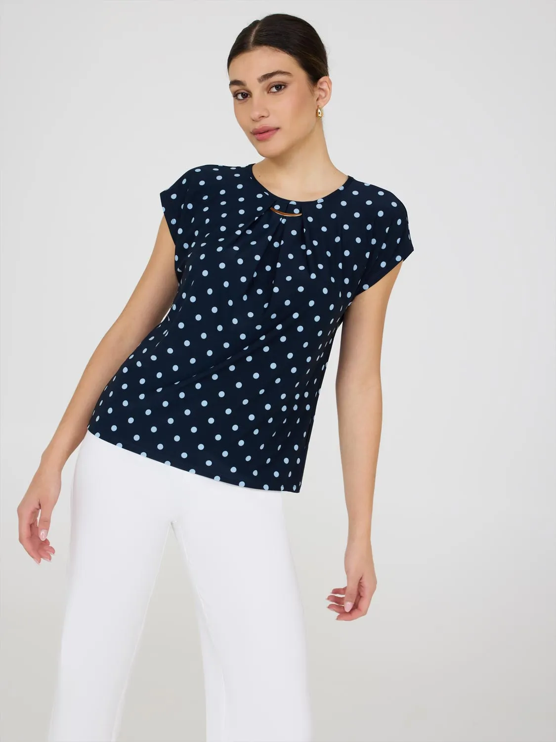 Dot Print Pleated Top With Bar Detail sold by Suzy Shier