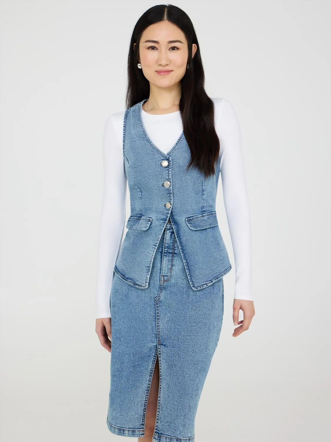 3-Button Denim Vest sold by Suzy Shier