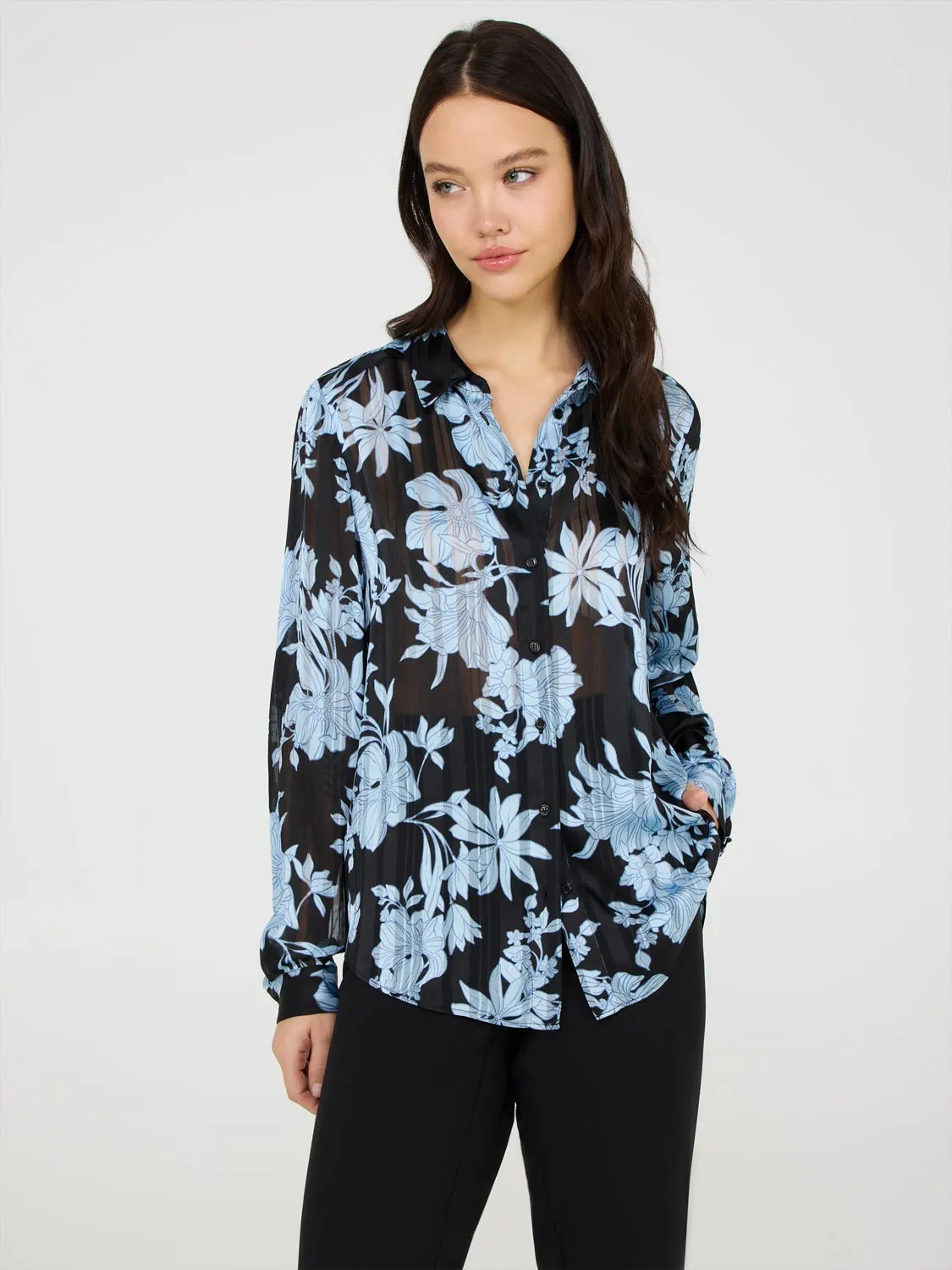 Floral Print Button-Front Chiffon Blouse sold by Suzy Shier
