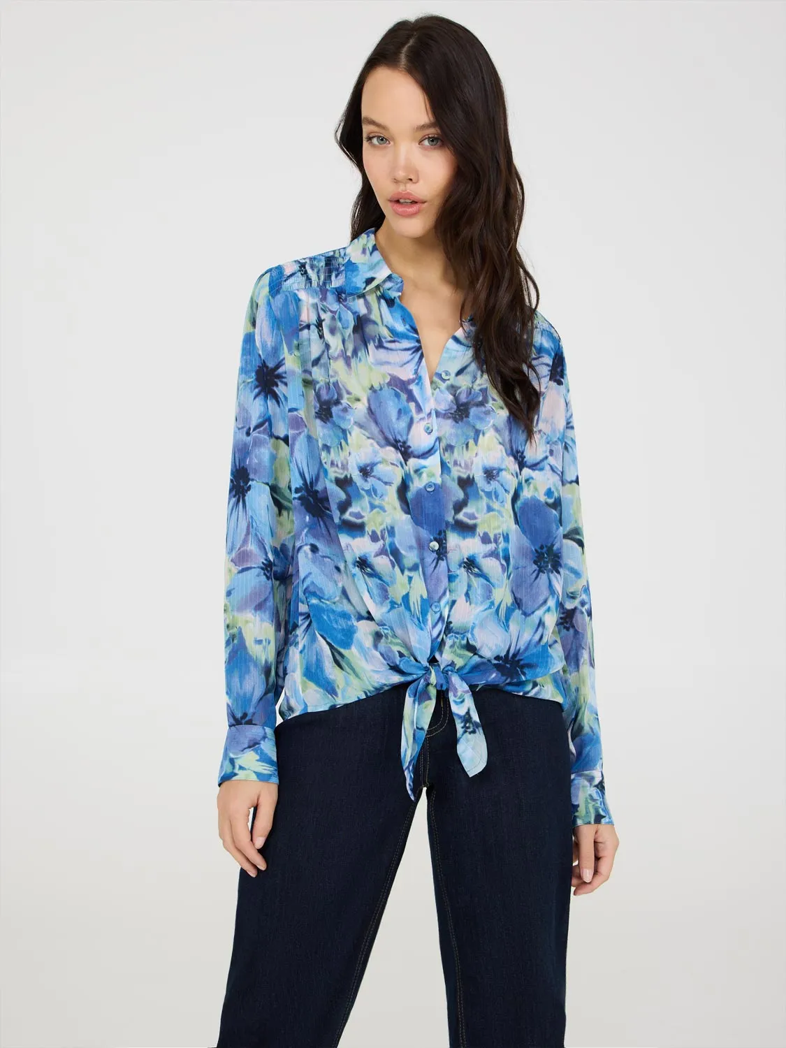 Printed Button-Front Blouse With Tie Front sold by Suzy Shier