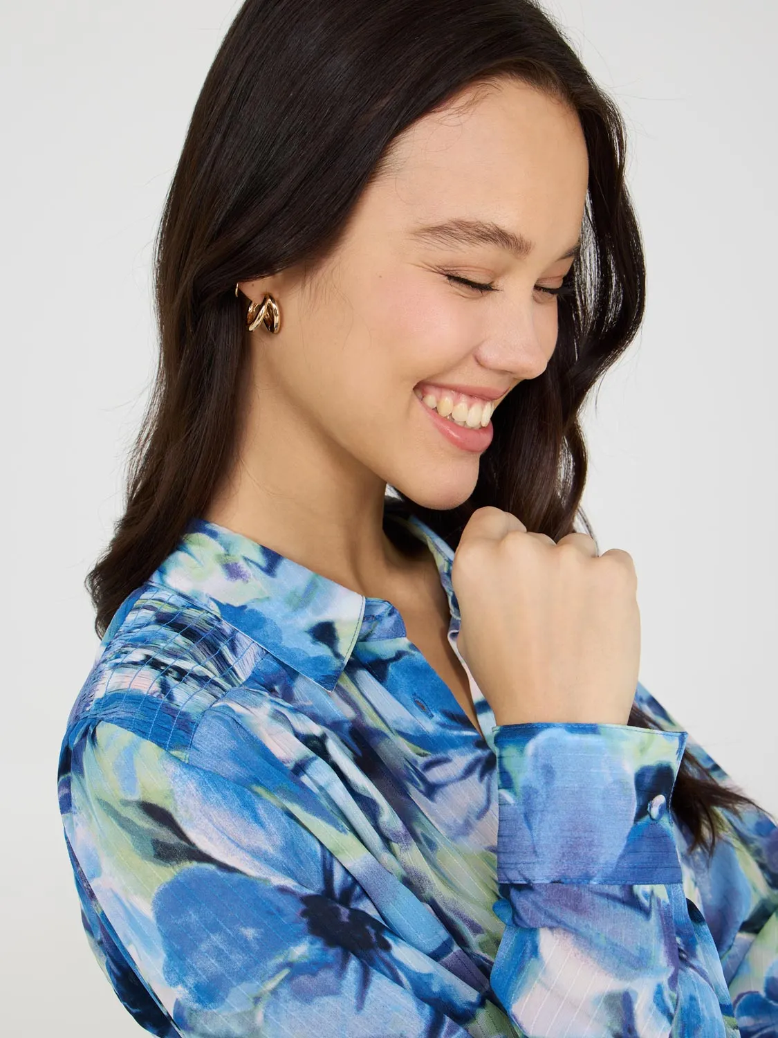 Printed Button-Front Blouse With Tie Front sold by Suzy Shier product image thumbnail 3