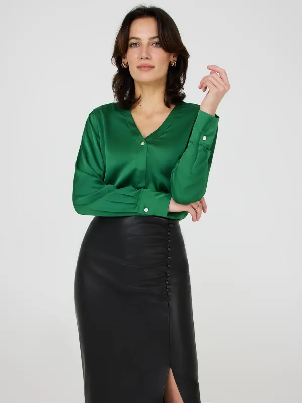 Satin V-Neck Button-Front Blouse sold by Suzy Shier