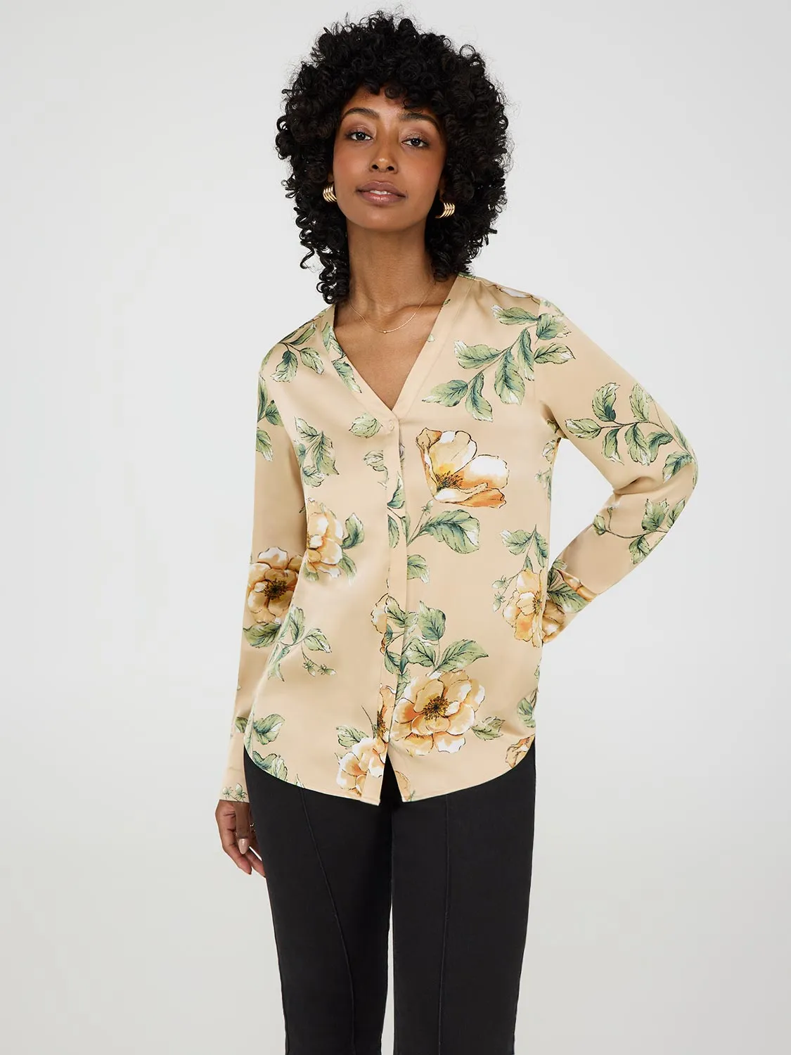 Printed Satin V-Neck Button-Front Blouse sold by Suzy Shier