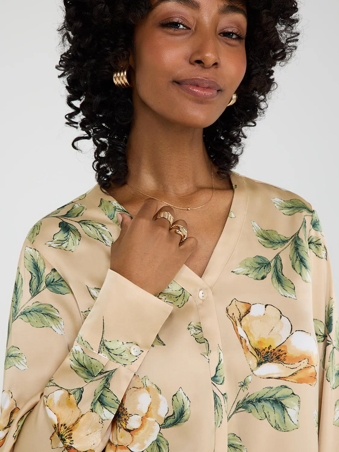 Printed Satin V-Neck Button-Front Blouse sold by Suzy Shier product image thumbnail 2