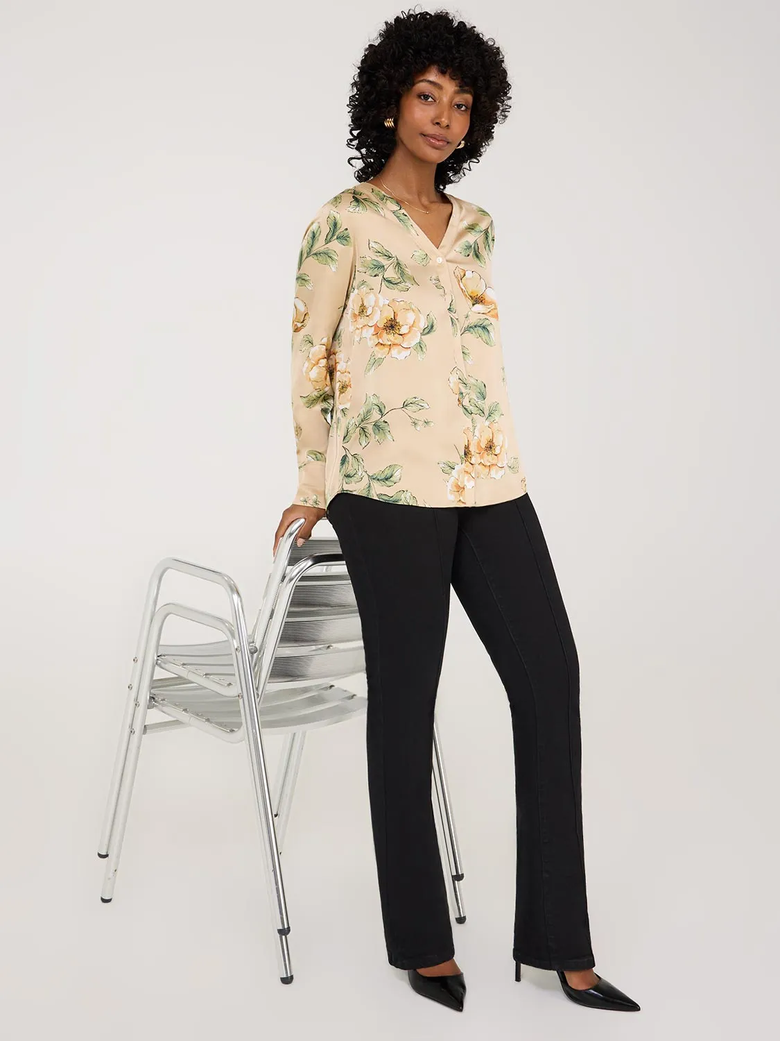 Printed Satin V-Neck Button-Front Blouse sold by Suzy Shier product image thumbnail 3