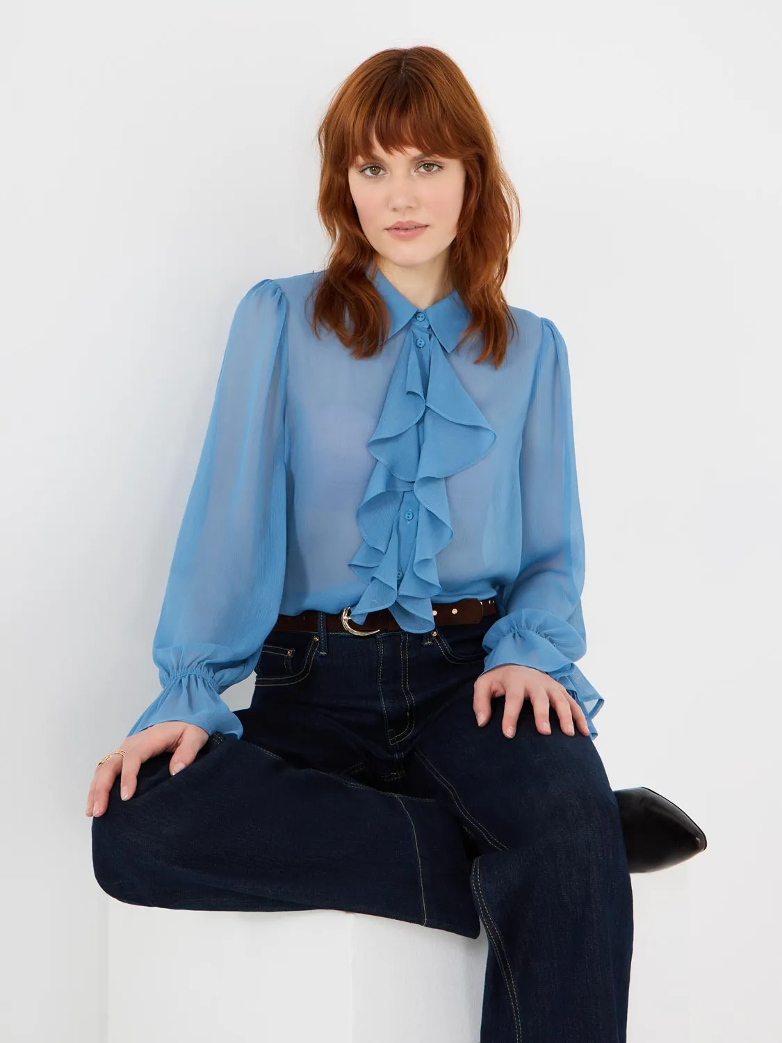 Button-Front Blouse With Ruffle Details sold by Suzy Shier