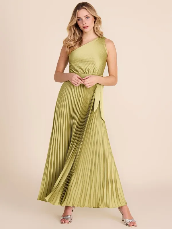 Pleated One-Shoulder Satin Gown made by Suzy Shier