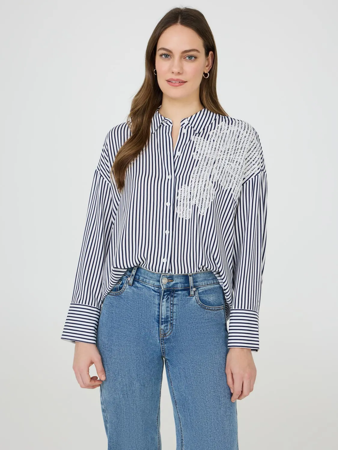 Floral Appliqué Striped Blouse sold by Suzy Shier