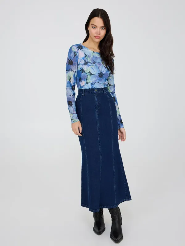 Denim Godet Maxi Skirt sold by Suzy Shier