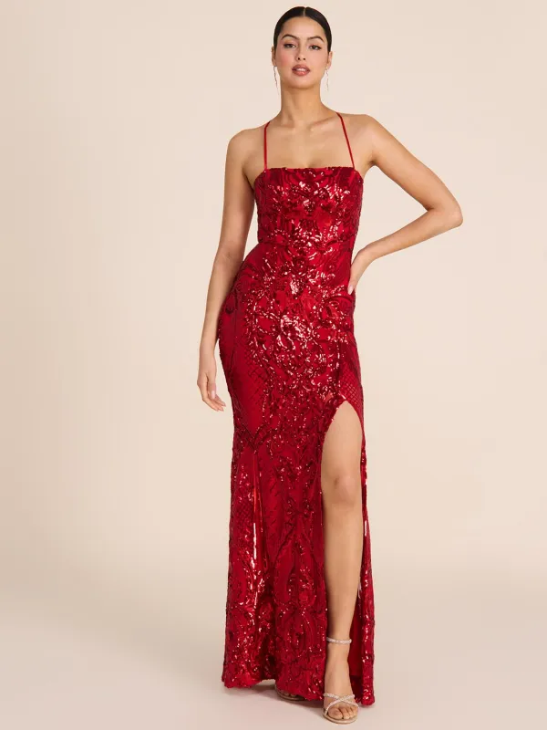 Patterned Sequin On Mesh Gown sold by Suzy Shier
