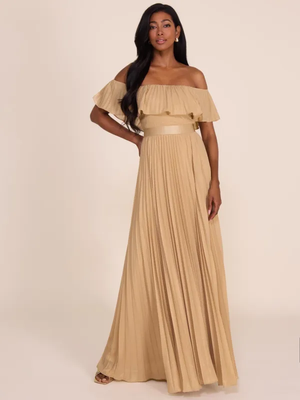 Pleated Off-The-Shoulder Gown sold by Suzy Shier