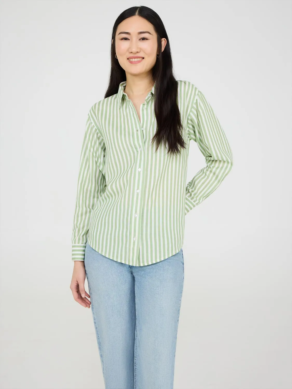 Striped Button-Front Linen Blend Blouse sold by Suzy Shier product image thumbnail 3
