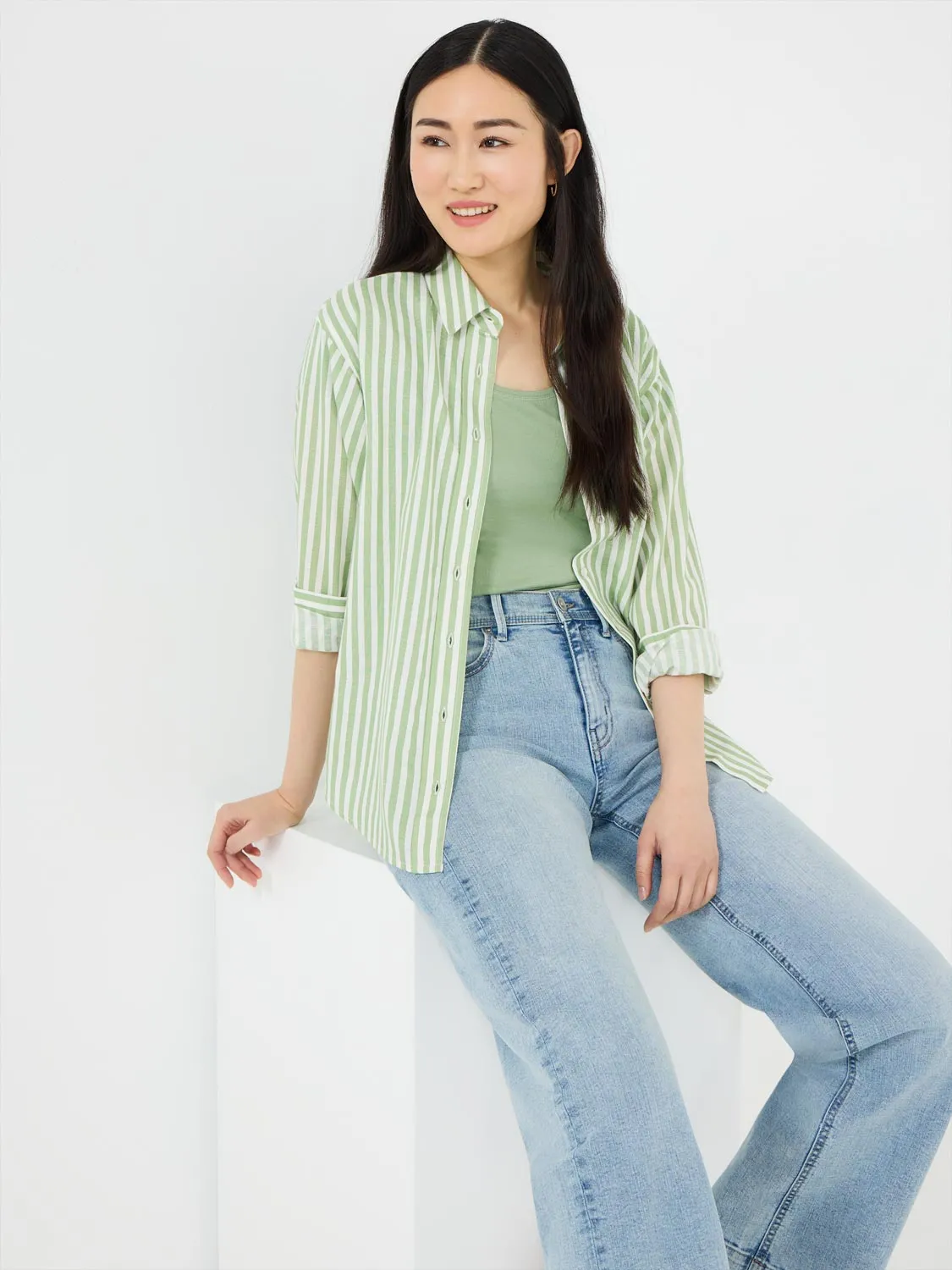 Striped Button-Front Linen Blend Blouse sold by Suzy Shier