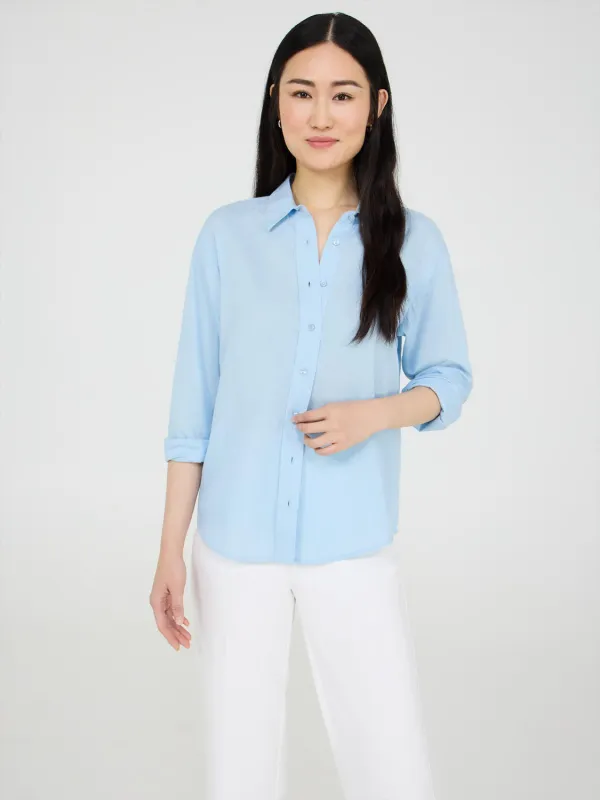Button-Front Linen Blend Blouse sold by Suzy Shier
