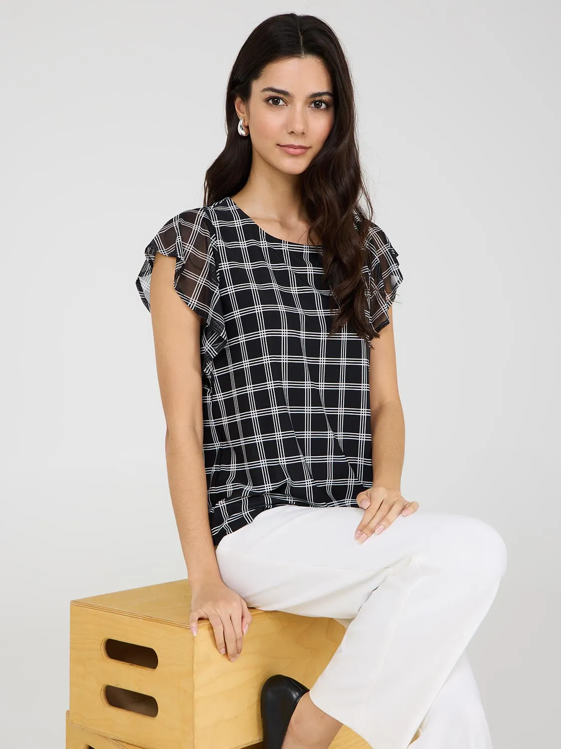 Plaid Print Mesh Flutter Sleeve Top sold by Suzy Shier product image thumbnail 3