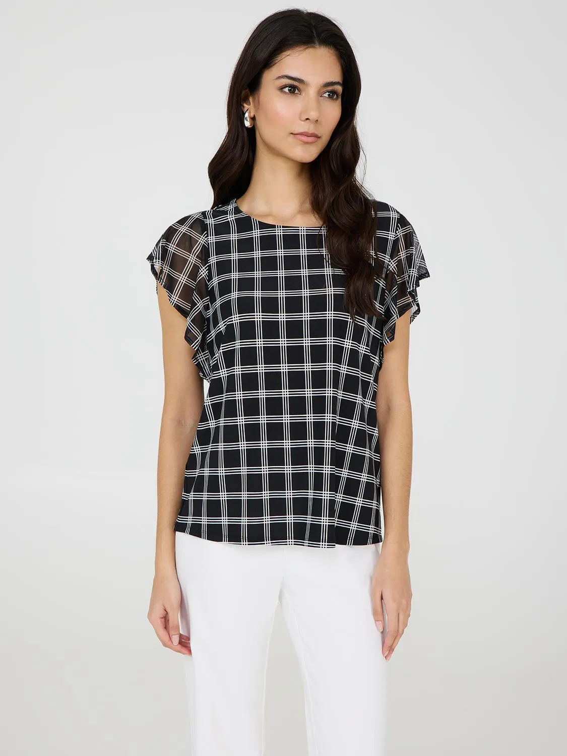 Plaid Print Mesh Flutter Sleeve Top sold by Suzy Shier