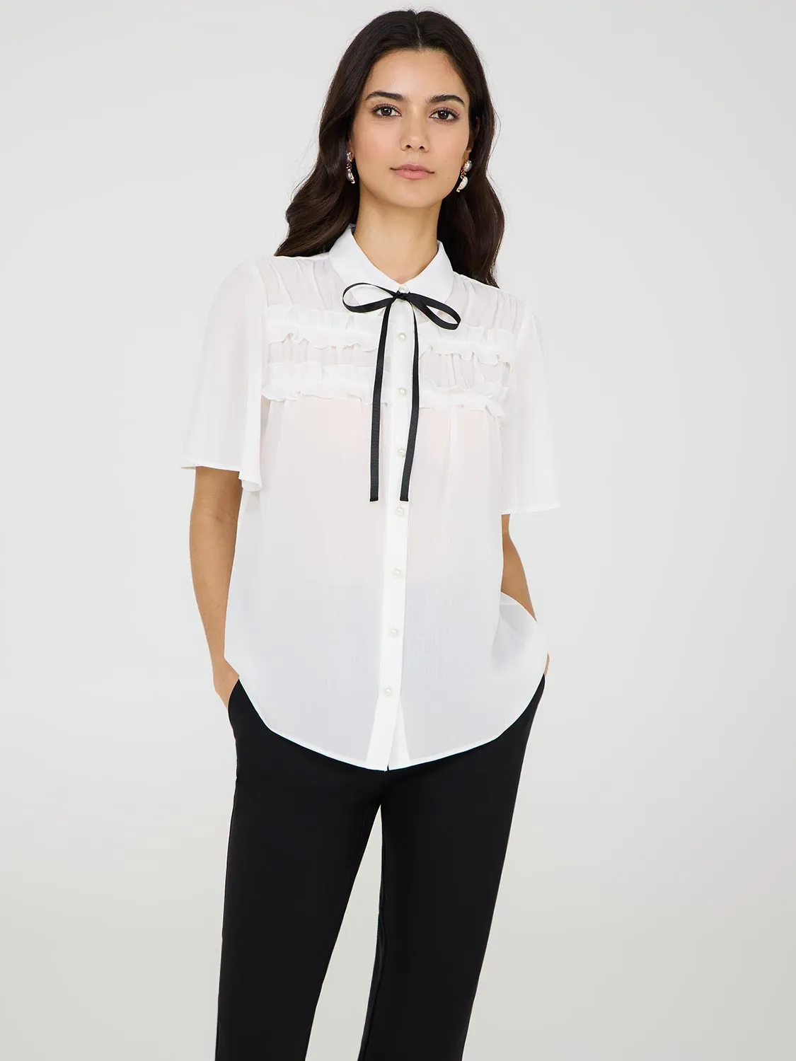 Contrast Bow Blouse With Flutter Sleeves sold by Suzy Shier