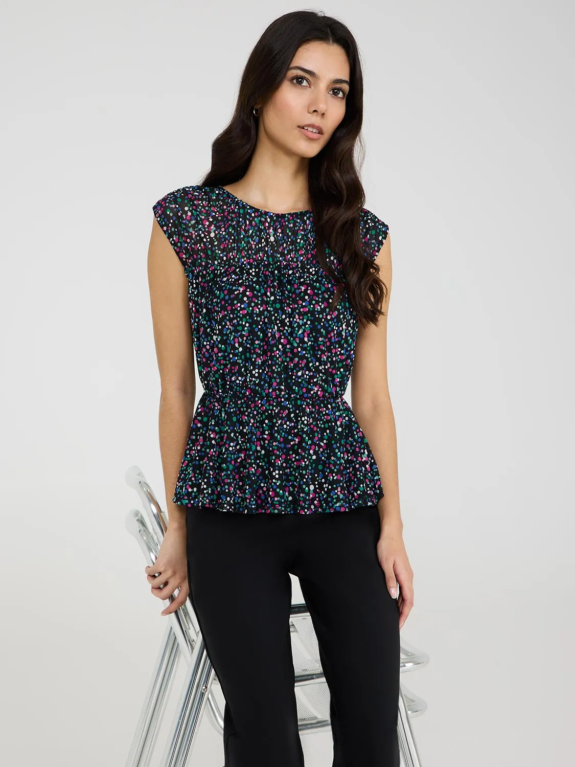 Dot Print Mesh Top With Illusion Neckline sold by Suzy Shier product image thumbnail 3