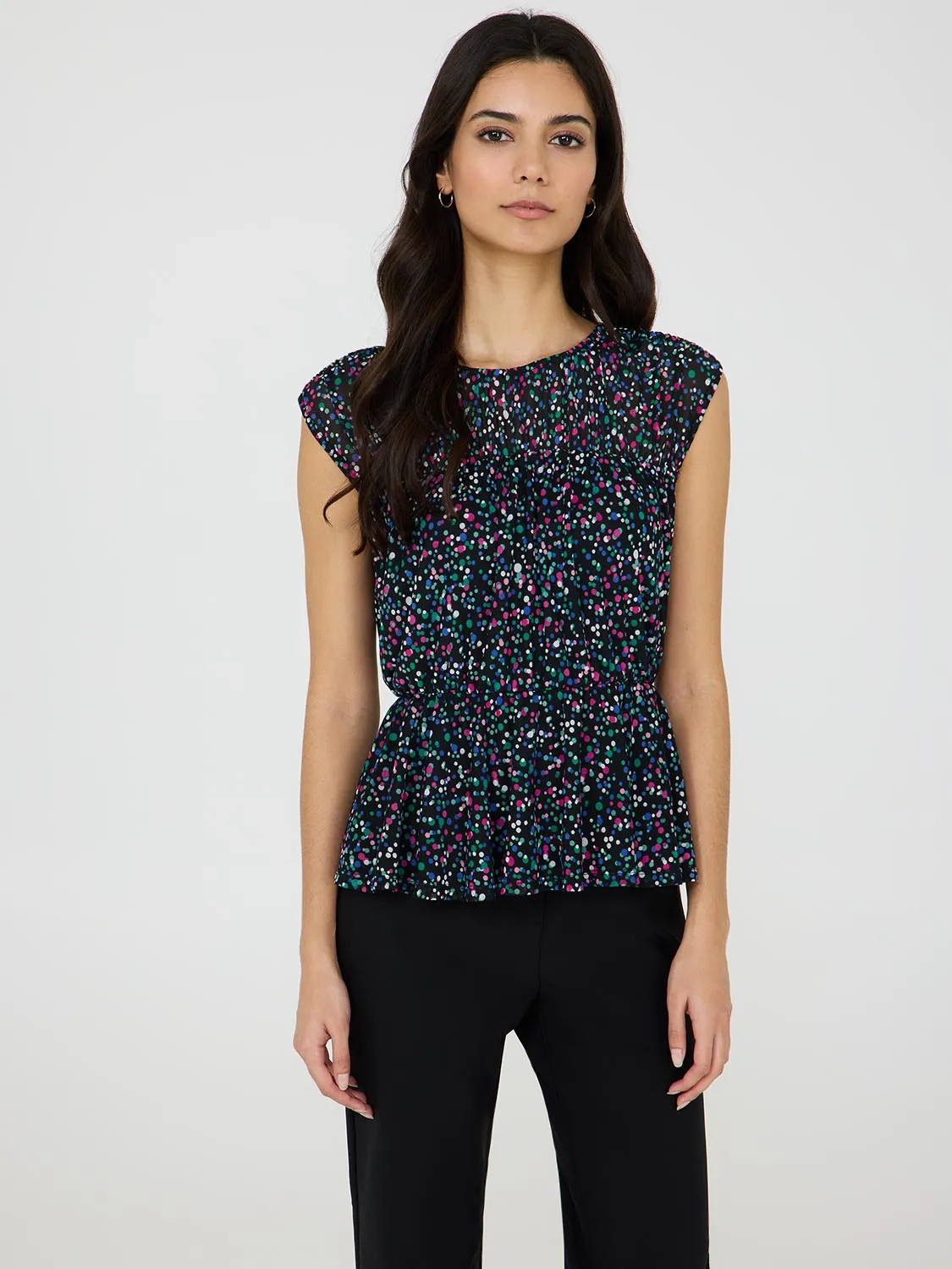 Dot Print Mesh Top With Illusion Neckline sold by Suzy Shier