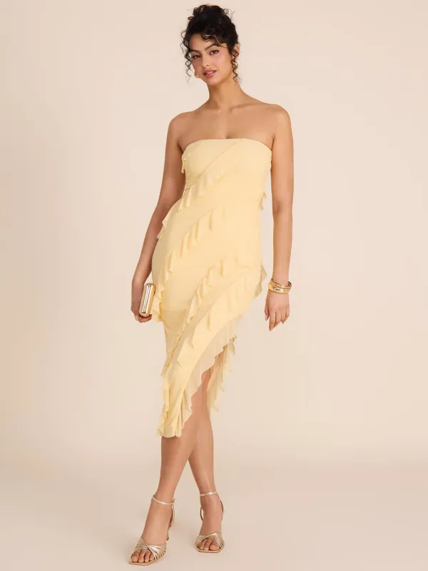 Strapless Midi Dress With Cascading Ruffles sold by Suzy Shier