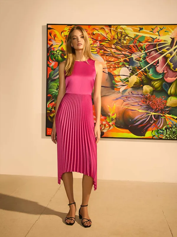 Satin Pleated Asymmetrical Hem Dress sold by Suzy Shier