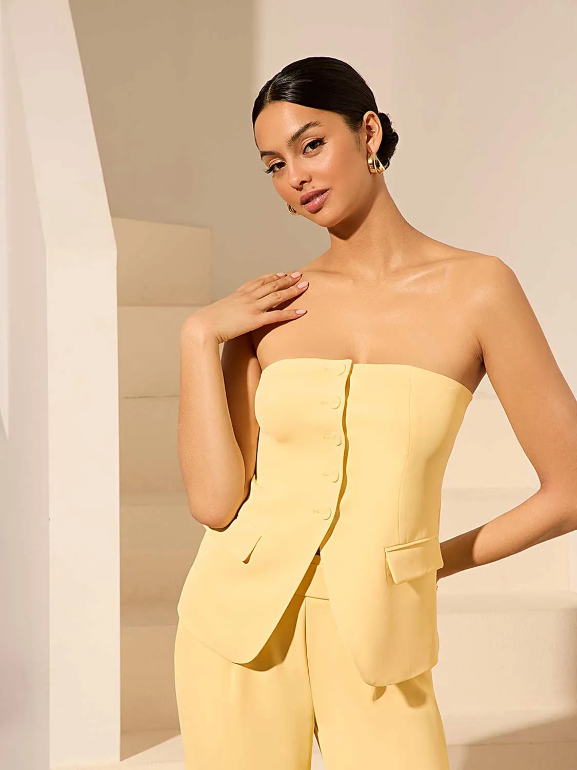 Button-Up Strapless Bustier Vest sold by Suzy Shier