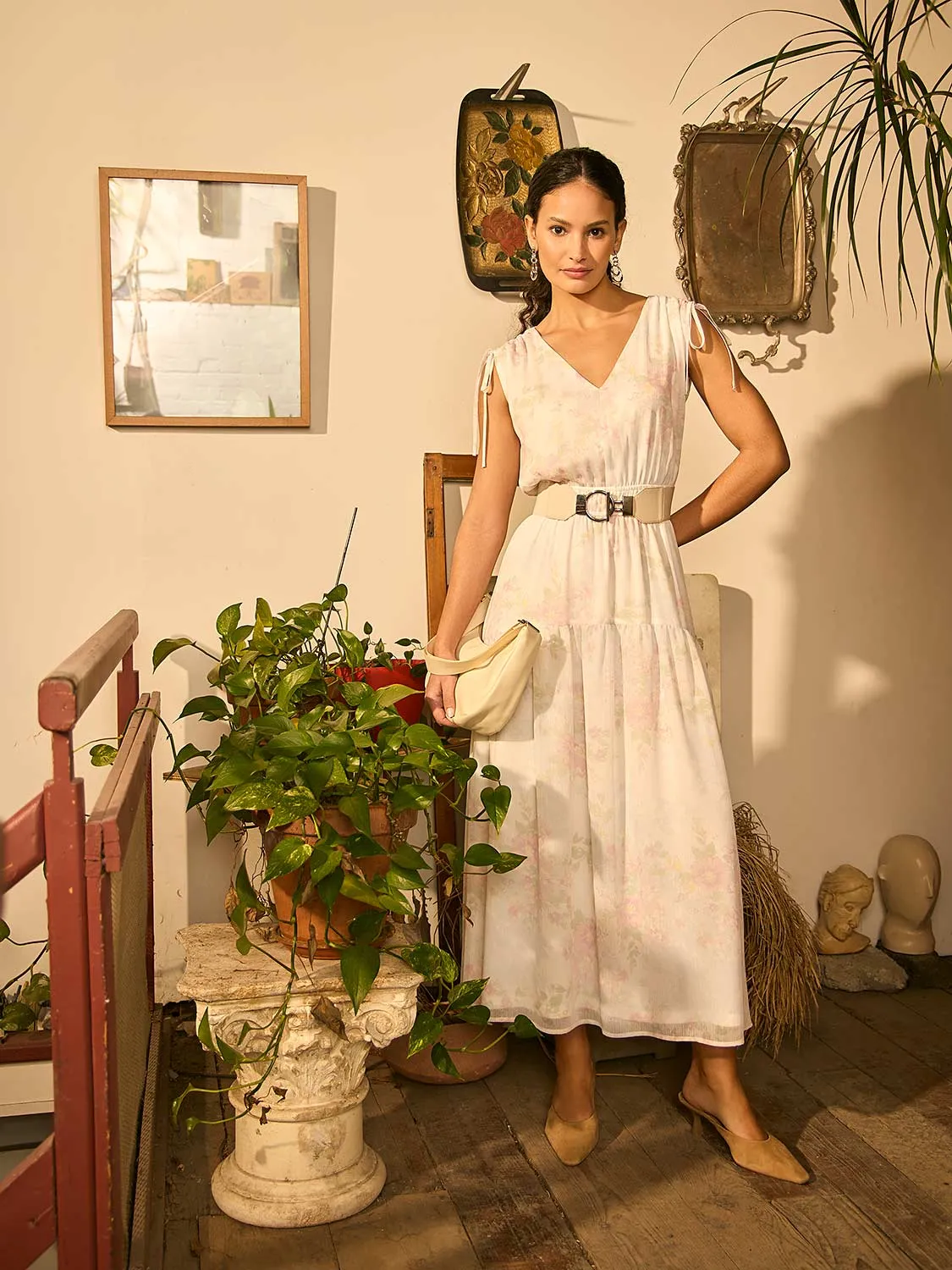 Floral Print Chiffon Tiered Midi Dress sold by Suzy Shier