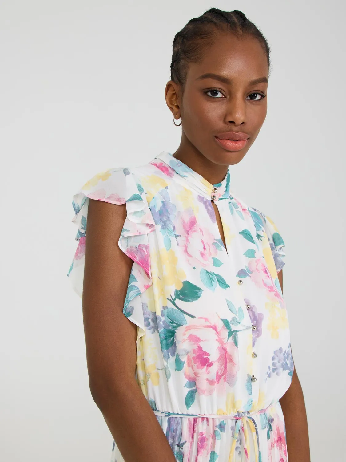 Printed Pleated Chiffon Dress With Ruffle Sleeves sold by Suzy Shier product image thumbnail 3