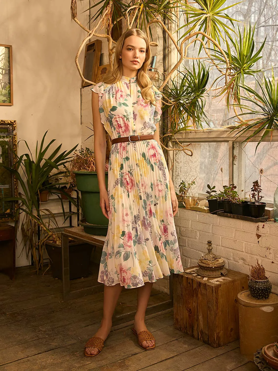 Printed Pleated Chiffon Dress With Ruffle Sleeves sold by Suzy Shier