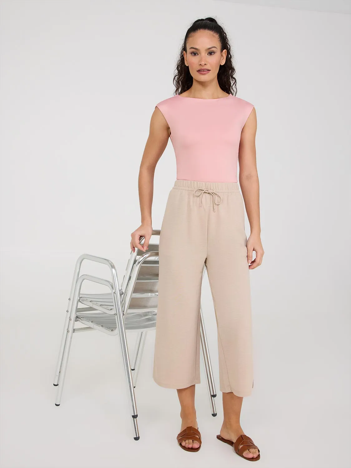 Drawstring Textured Wide-Leg Gaucho Pants sold by Suzy Shier