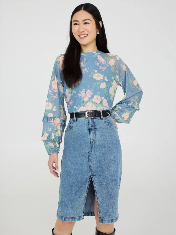 Floral Print Mesh Top With Ruffle Details sold by Suzy Shier