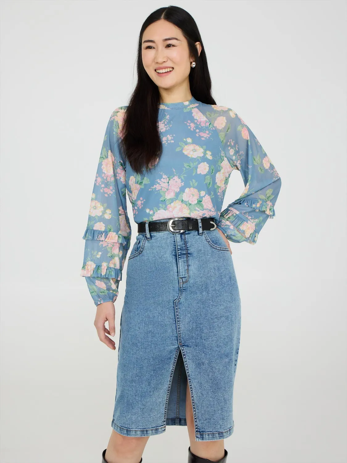 Floral Print Mesh Top With Ruffle Details sold by Suzy Shier