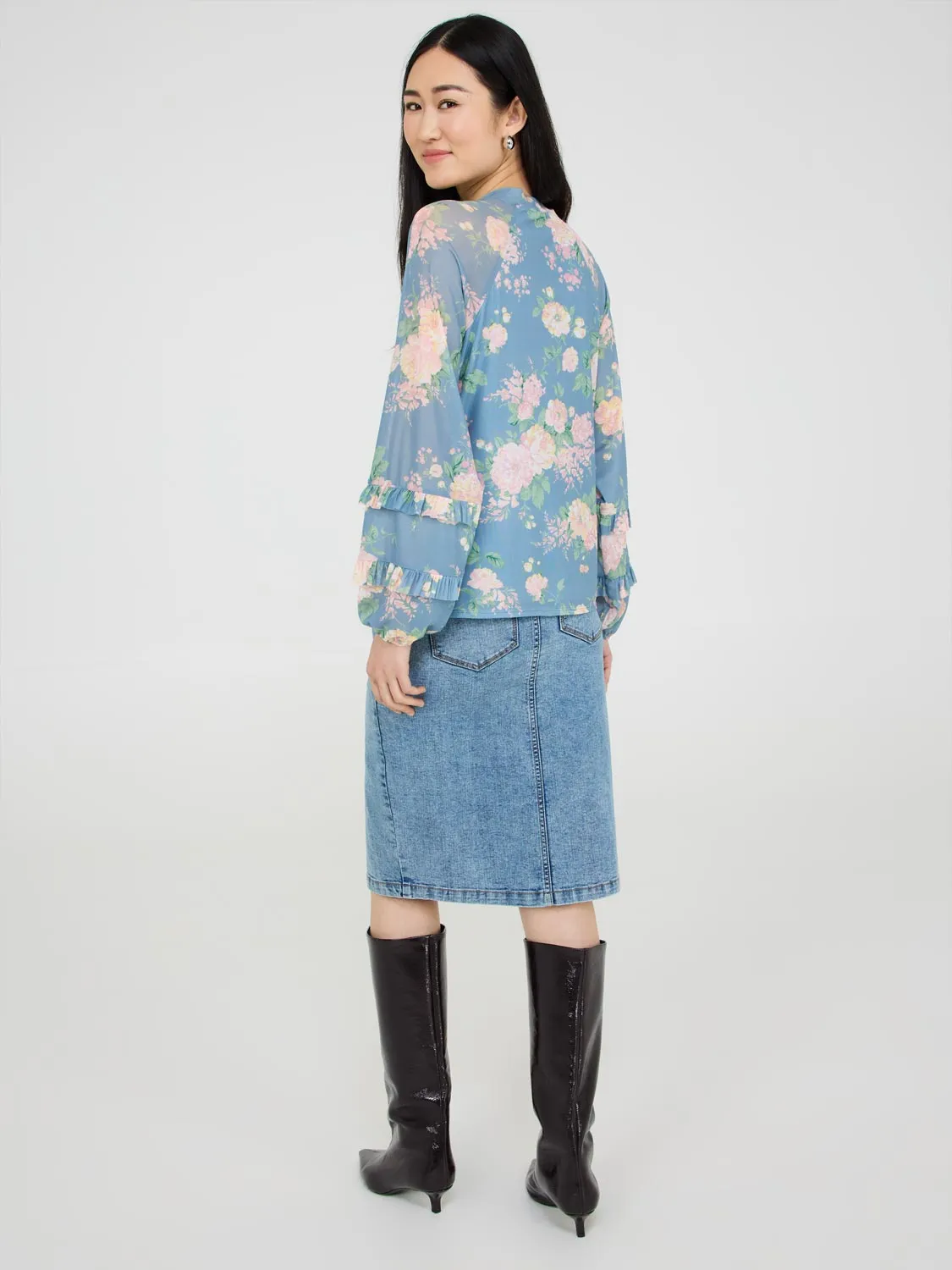 Floral Print Mesh Top With Ruffle Details sold by Suzy Shier product image thumbnail 4