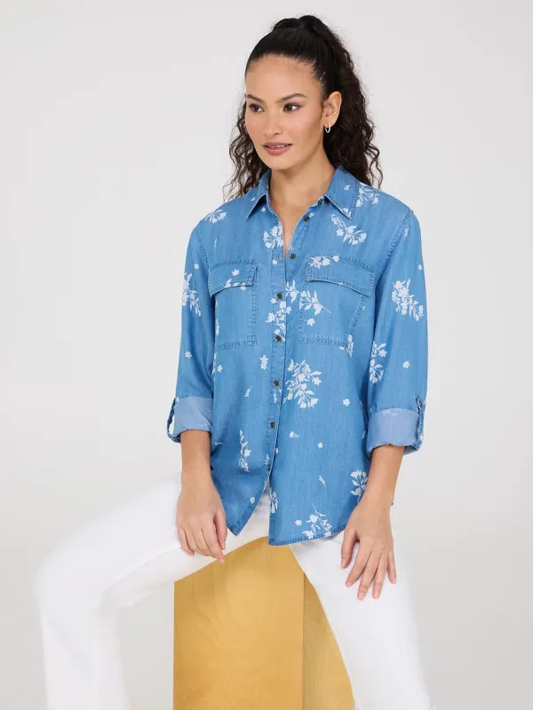Floral Print Button-Front Tencel Blouse sold by Suzy Shier